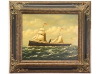 H. Parker Signed Decorative Oil On Canvas  Sail-Steam Ship Under US Flag - Kingly Blingly Frame