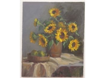 Still Life With Sun Flowers And Gravensteins, Oil On Canvas