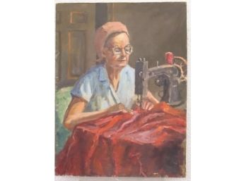 The Seamstress Does Red, Oil On Board