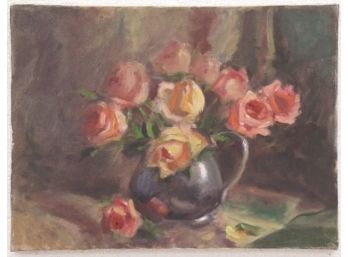 10 Pink Roses Floral Still Life, Oil On Canvas