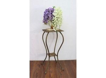 Vintage Victorian Style Plant Stand: Superb Patina, Marble Top, Reticulated Bent Leg Metal Base