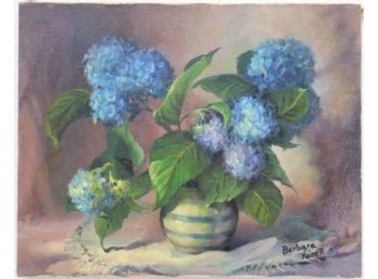 Blue Hydrangeas Striped Vessel Still Life, Signed Barbara Kozell, Gallery Wrapped