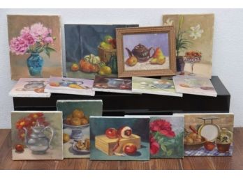 Group Lot Of Still Life Fruit And Flower Paintings On Canvas