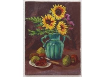 Nature Morte With Sunflowers Red And Green Cactus Pears, Signed Bruton, Gallery Wrap