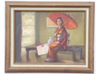 Benched Red Umbrella, Oil On Canvas, Signed Verso R. Bruton