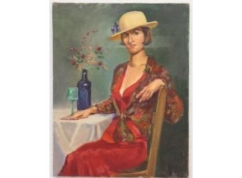 Boho Diva In Red With Wine, Seated Portrait, Oil On Canvas, Gallery Wrap