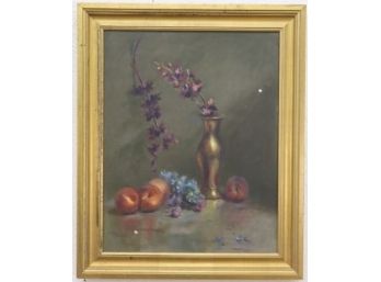Peach, Purple, And Copper Still Life Framed Oil On Canvas