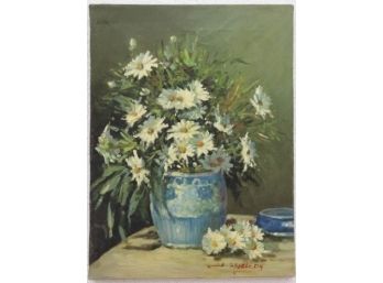 Green Wall Behind Daisies, Artist Signed Lower Right (not Legible), Oil On Canvas
