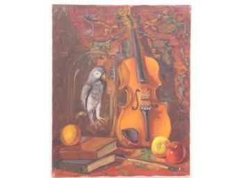 Violin With Parrot Under Cone Of Silence Original Oil On Canvas On Stretchers