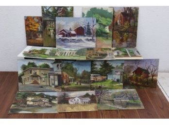 Real Estate Portfolio On Board:  Group Lot Of  Rural Architectural Landscape Paintings