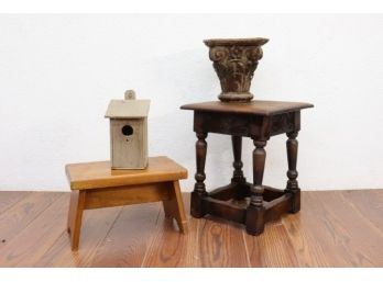 Birdhouse, Footstool, Side Table, And Small Corinthian Plinth