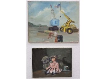 Blue Crane Oil On Canvas Paired With Pink Doll Oil On Canvas, Both On Stretchers
