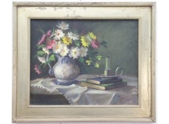 Daisies, Oil On Canvas, Signed Verso Robert Bruton, Weathered Gilt Style Frame