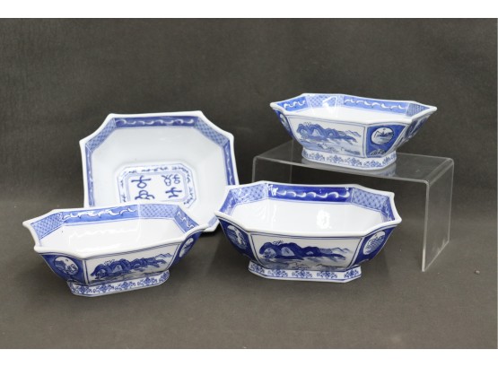Group Of Four Blanc Et Bleu Quadrangular Bowls, Chinese Mark Under Glaze On Bottom