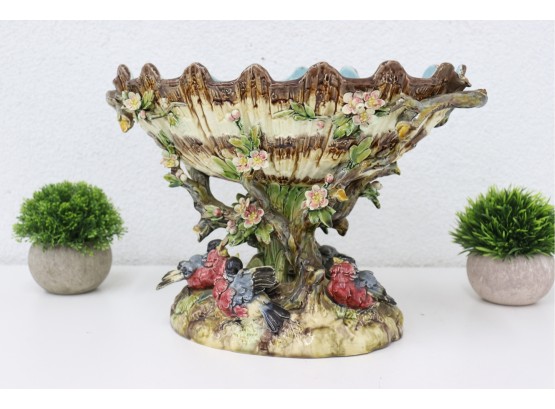 Vintage Majolica Nature Scene Figurine: Enthusiastically Ornate Storybook Baby Birds Out The Oyster Shell Nest