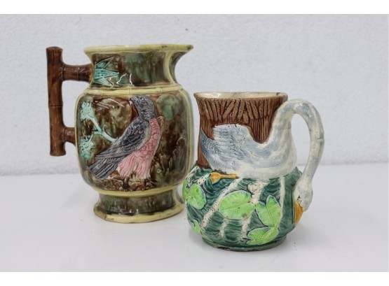 Two Vintage Majolica Bird And Swan Pitchers (really Awesome To Use As Flower Vases As Well)