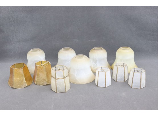Shady Eleven: FIVE Alabaster-look Bell Lamp Shades And SIX Mini Mica Clip-on Lamp Shades