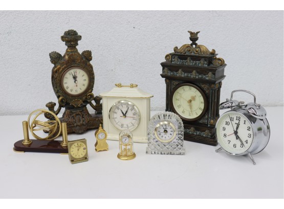 Collection Of Nine Shelf/Table Clocks - Wide Variety Of Styles, Sizes,  And Materials