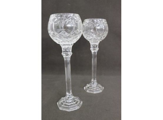 Pair Of Deco-style Glass Goblet Candle Holders - Ziggurat Base And Stem
