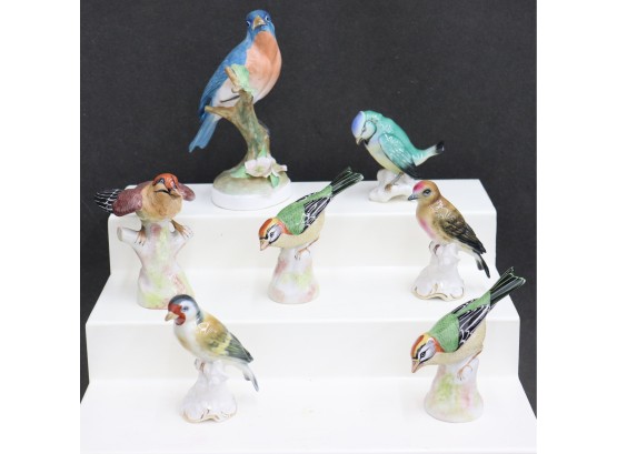 Seven Painted Porcelain Bird Figurines - Six Kinda Chill, One About To Freak Out