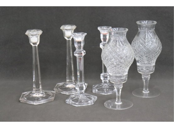 Table For Six: Three Different Pairs Of Elegant Glass Candlestick Holders