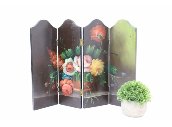 Painted Bouquet On Black Small Four Panel Table Screen