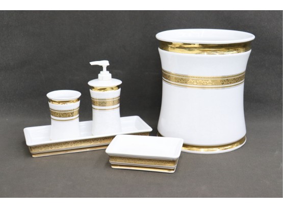 Florentine Style White/gold Ceramic Bath Accessory Set - Marked CB On Bottom