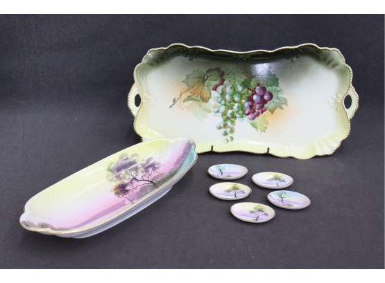 Vintage Noritake Lake Scenes Oval Patter With Coasters AND  A. Koch Signed A&C Bavaria Tray Grape Clusters