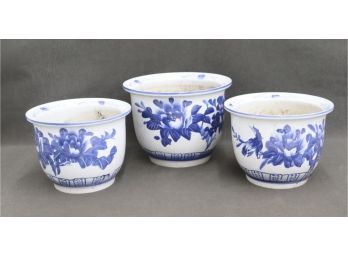 Group Of Three Blue & White Ceramic Jardinire Planters