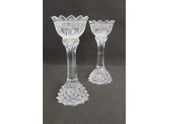Pair Of Bohemia Style Cut Glass Coup Candlesticks - Diamond Hobnail Base And Flare Petal Rim