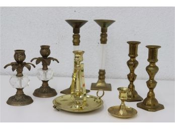 Group Lot Of Brass & Glass Candlestick Holders - Including Super Shiny Chamberstick Thumb Ringer