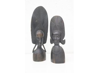 Lovely Couple: Male And Female Hand-Carved Hardwood Tribal Busts, One Artisan Initialed On Bottom