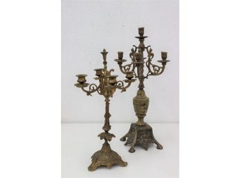 Two Vintage Gothic Style Cast Brass Candelabras - 5 Candle Gryphons And 4 Candle Botanical