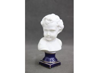 Bisque Porcelain Bust Of Boy On Blue Base Figurine