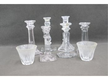 Crystal And Glass Lot: Six Delightfully Mismatched Candlesticks And A Pair Of Votive Holders