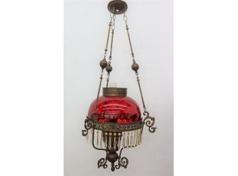 Red Glass And Brass Hanging Parlor Oil Lamp - Converted For Electric, But Needs Rewiring)