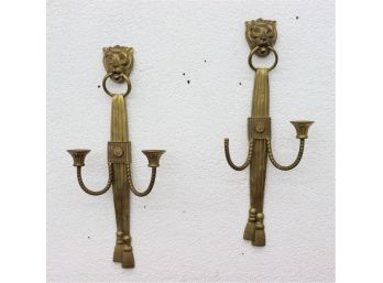 Hollywood Regency Style Bronze Tone Wall Candelabras - Ring Mouth Lion And Roman Tassels
