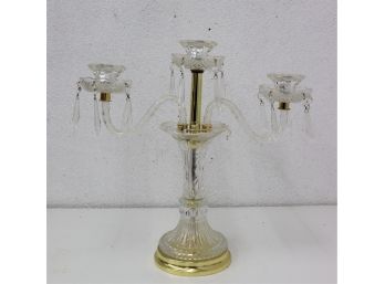 Cut Crystal Two Candle Candelabra - 2 Branches And Central Pillar,  Prism Pendants & Brass Hardware