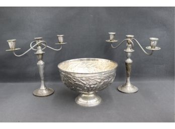 Pair Of Silver Plated Pretzel Arms Candelabras And A Super-Wide Metal Chalice