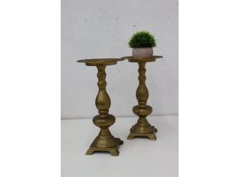 Pair Of Brass-tone Baluster Pillar Candle Holders