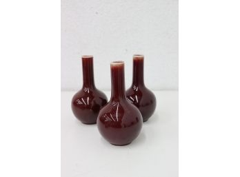 Trio Of Small Sang De Boeuf Long Neck Gourd Vases - Chinese Mark Under Glaze On Bottom