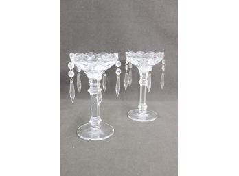 Pair Of Bauble And Pendant Cut Glass Candle Holders - Stemmed Coupe Style
