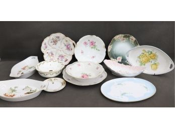 Charming Group Lot Of Porcelain Serve Ware: Platters, Roses Yellow & Pink, Birds, Bowls, Butterflies, Ovals