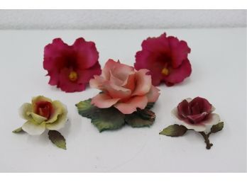Capodimonte Napoleon Table Flowers: 2 Hibiscus, 1 Large Rose, 2 Small Rose  (some Chips Present)