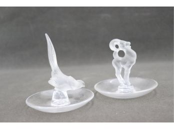 Exquisite Pair Of Lalique Frosted Crystal Figurines: Long-Tailed Pheasant And Big-Horn Ram