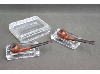 Too Cool Vintage Dad: 1966 Party Invite Inscribed Glass Block And Two Vintage Pipes With Glass Pipe Rests