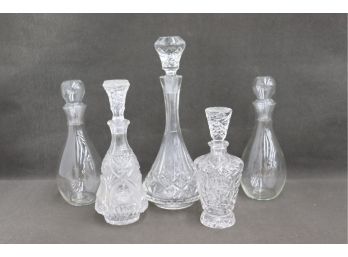 The Mature Bar: Group Lot Of Five Decanters - Three Cut Crystal And 2 Bowling Pin And Bubble Finial