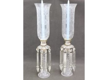 A Pair Of Double Fancy Candletick Holders: Etched Lace Hurricane Holder Atop Prism & Pendant Base
