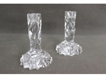 Pair Of Tiffany & Co 'rock Cut' Crystal Candlesticks