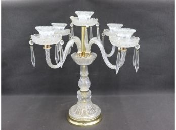 Cut Crystal Five Candle Candelabra - 4 Branches And Central Pillar,  Prism Pendants & Brass Hardware